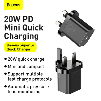 Baseus Super Si UK Netzladegerät, 20W, 3A, 1 x USB-C, Schwarz CCSUP-K01