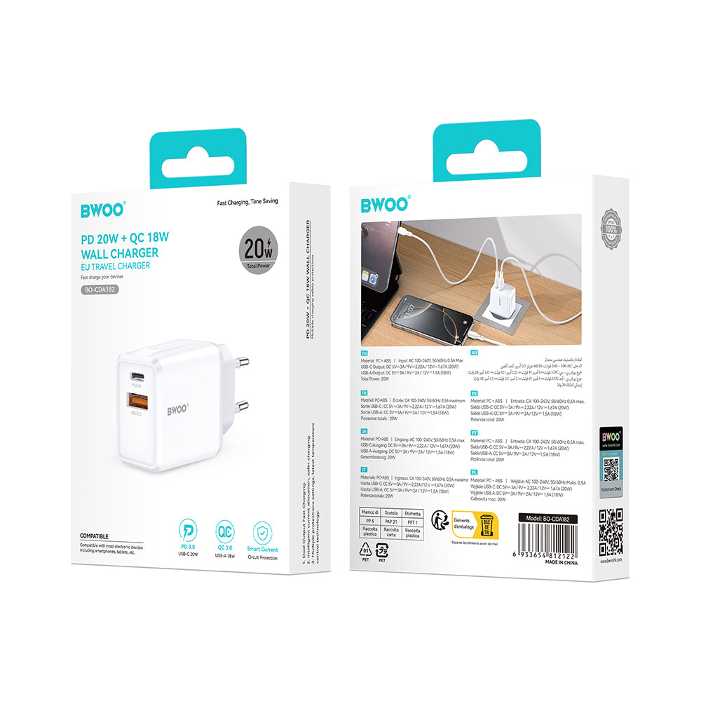 Chargeur Réseau BWOO CDA182, 38W, 3A, 1 x USB-A - 1 x USB-C, Blanc