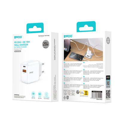 Chargeur Réseau BWOO CDA182, 38W, 3A, 1 x USB-A - 1 x USB-C, Blanc