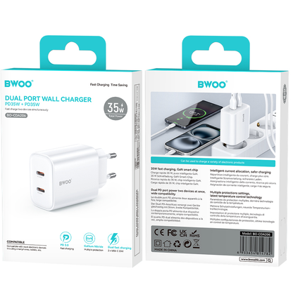 Chargeur secteur BWOO CDA206, 35W, 3A, 2 x USB-C, Blanc