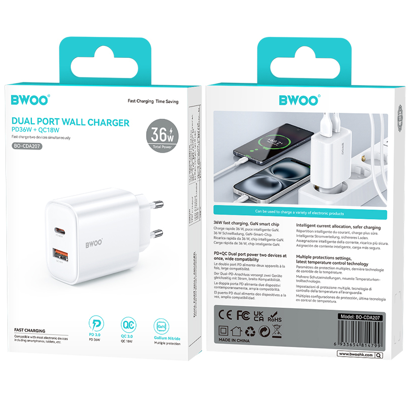 Netzladegerät BWOO CDA207, 36W, 3A, 1 x USB-A - 1 x USB-C, Weiß