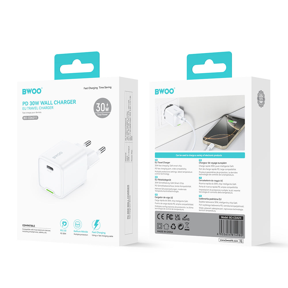 Chargeur Réseau BWOO CDA211, 30W, 3A, 1 x USB-C, Blanc