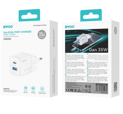 Chargeur Réseau BWOO CDA222, 35W, 3A, 1 x USB-A - 1 x USB-C, Blanc