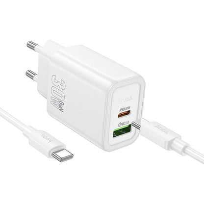 Chargeur réseau avec câble USB-C HOCO N63, 30W, 3A, 1 x USB-A - 1 x USB-C, Blanc