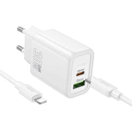 Netzladegerät mit Lightning-Kabel HOCO N63, 30W, 3A, 1 x USB-A - 1 x USB-C, Weiß