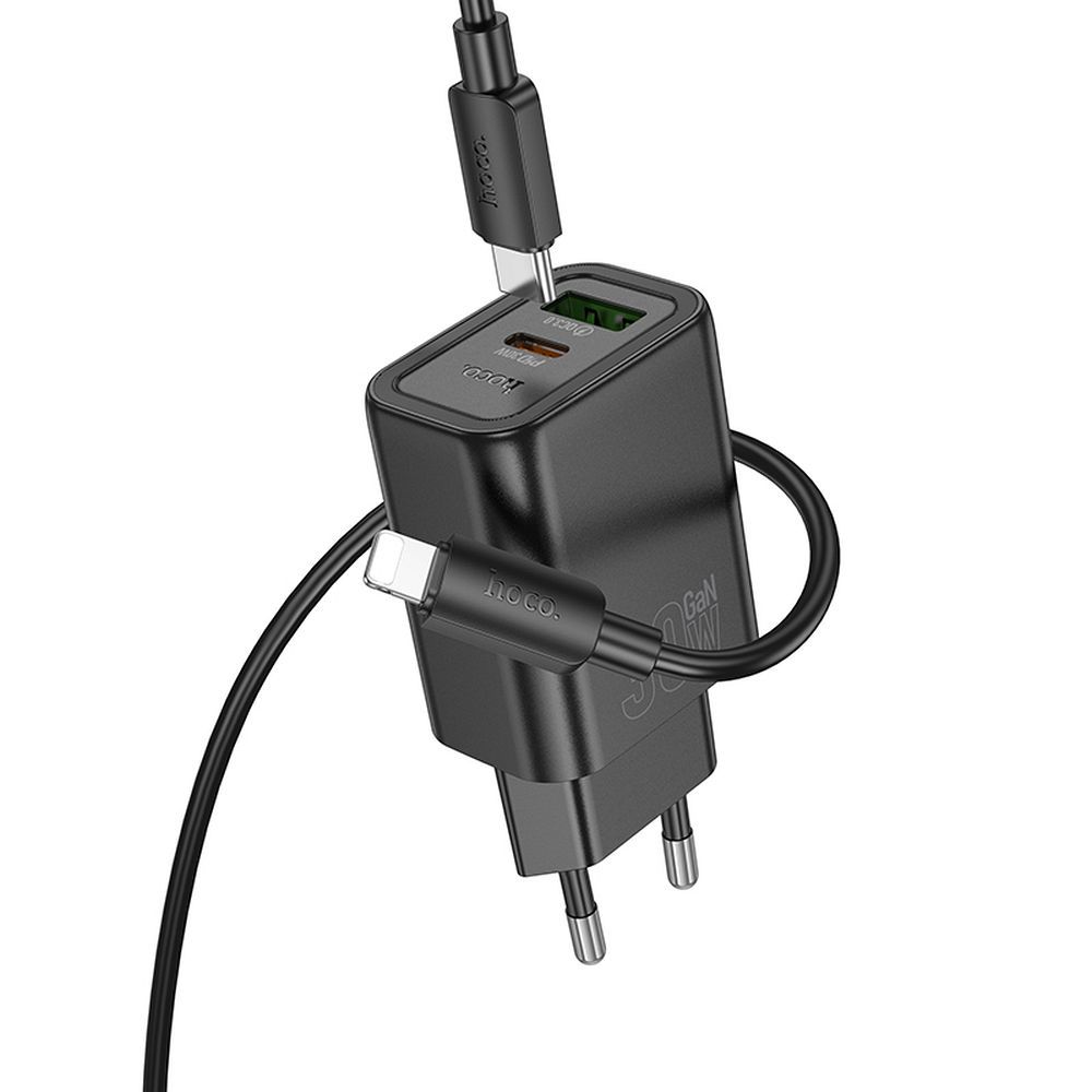Netzladegerät mit Lightning-Kabel HOCO N63, 30W, 3A, 1 x USB-A - 1 x USB-C, Schwarz