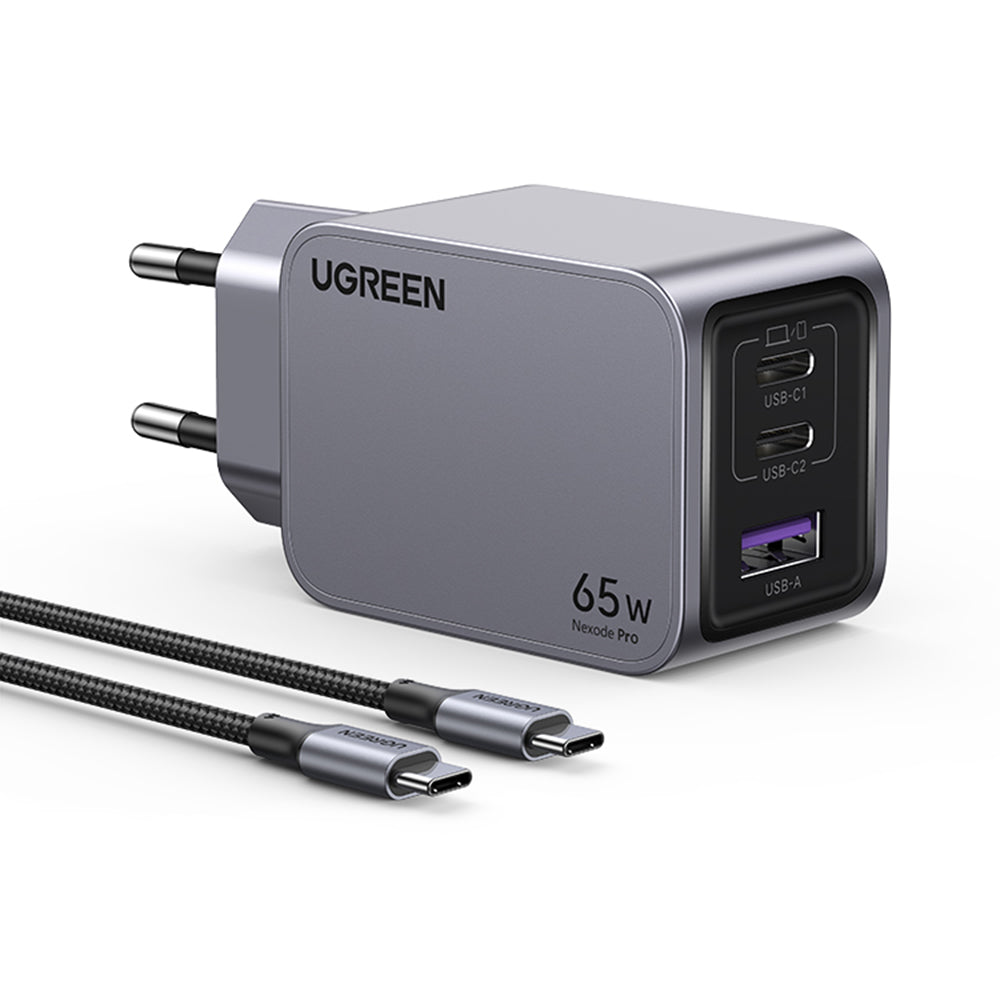 Chargeur réseau avec câble USB-C UGREEN X755 Nexode Pro, 65W, 3A, 1 x USB-A - 2 x USB-C, Gris