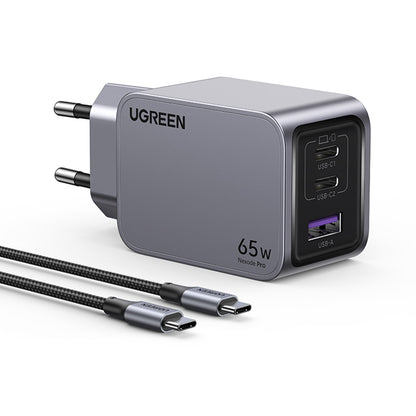 Chargeur réseau avec câble USB-C UGREEN X755 Nexode Pro, 65W, 3A, 1 x USB-A - 2 x USB-C, Gris