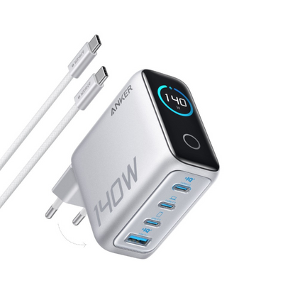 Chargeur Réseau avec Câble USB-C Anker Zolo, 140W, 5A, 1 x USB-A - 3 x USB-C, Argenté B2697G41