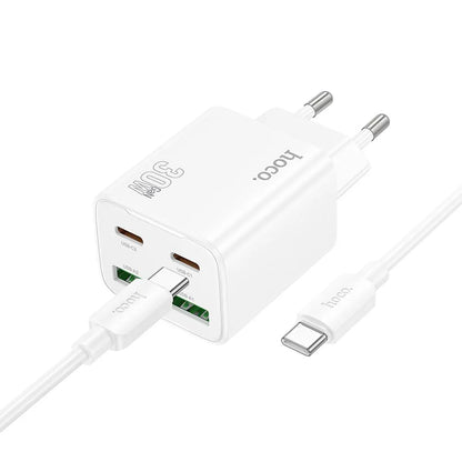 Chargeur réseau avec câble USB-C HOCO N56, 30W, 3A, 2 x USB-A - 2 x USB-C, Blanc