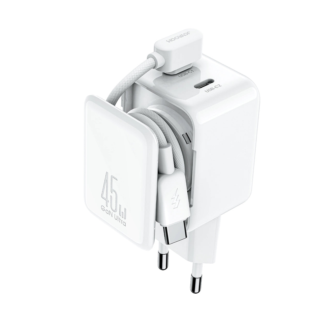 Chargeur réseau avec câble USB-C Joyroom JR-TCL05, 45W, 3A, 2 x USB-C, Blanc