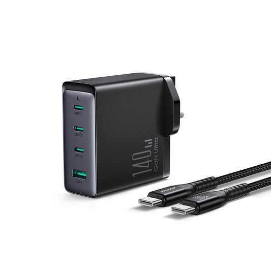 Chargeur réseau avec câble USB-C Joyroom JR-TCG05UK, 140W, 5A, 1 x USB-A - 3 x USB-C, UK, Noir