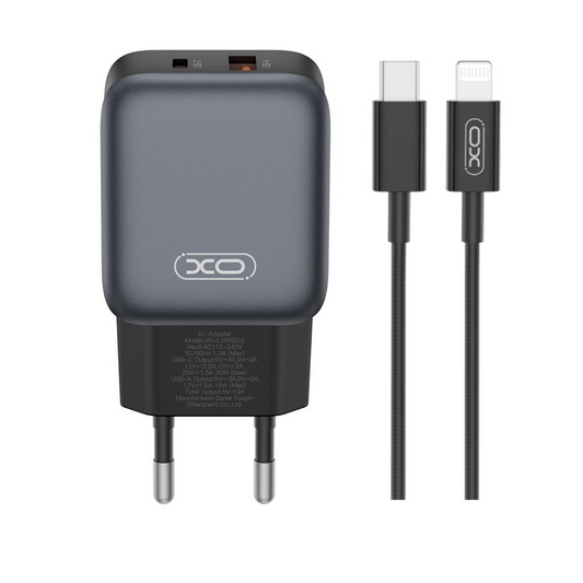 Netzladegerät mit Lightning-Kabel XO Design L156, 30W, 3A, 1 x USB-A - 1 x USB-C, Schwarz