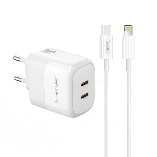 Chargeur réseau avec câble Lightning XO Design L140, 35W, 3A, 2 x USB-C, Blanc