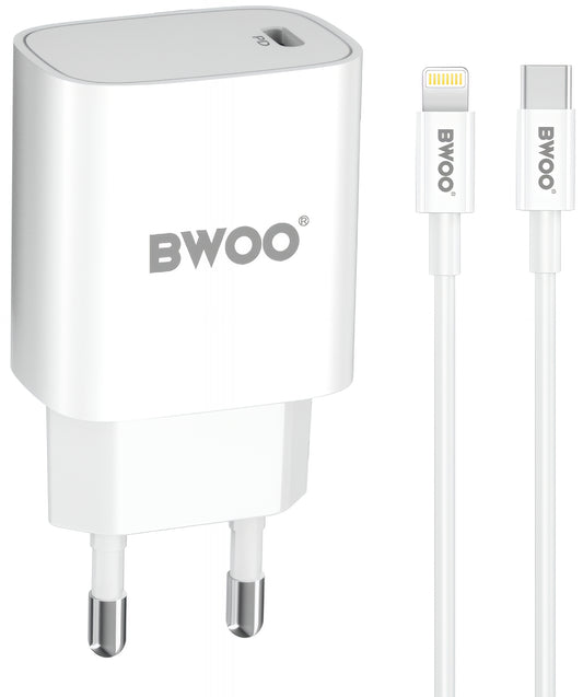 Chargeur réseau avec câble Lightning BWOO CDA159, 20W, 3A, 1 x USB-C, Blanc