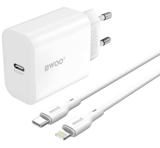 Chargeur réseau avec câble Lightning BWOO CDA233, 20W, 3A, 1 x USB-C, Blanc