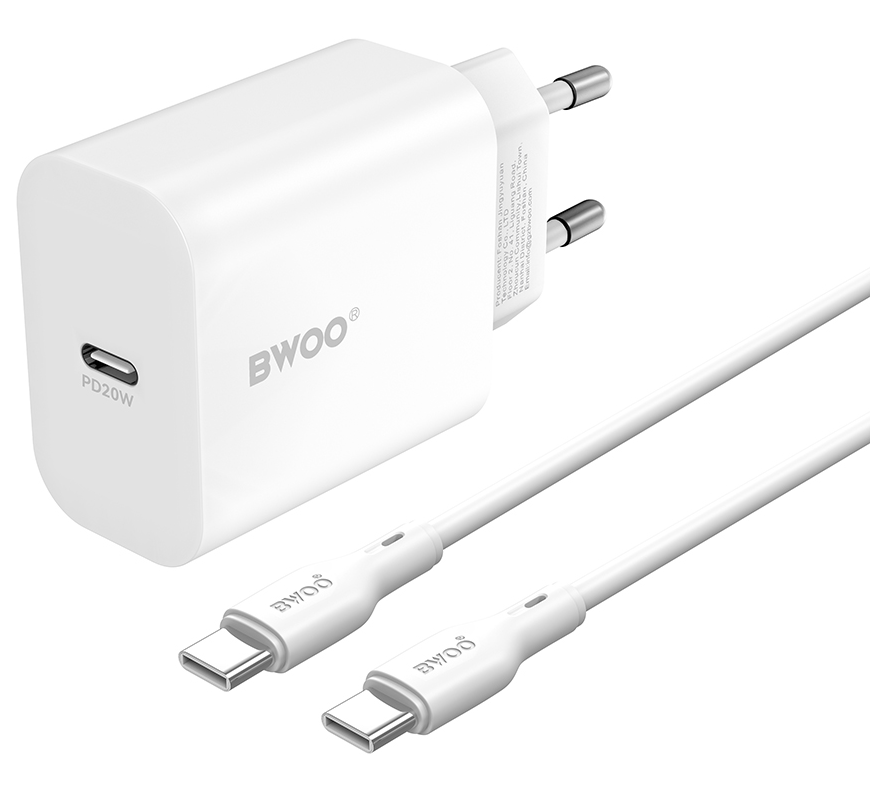 Chargeur réseau avec câble USB-C BWOO CDA233, 20W, 3A, 1 x USB-C, Blanc