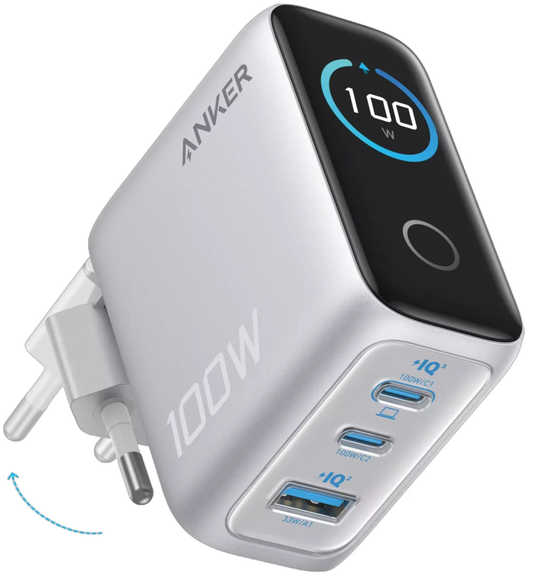 Netzladegerät mit USB-C Kabel Anker Smart Display, 100W, 5A, 1 x USB-A - 2 x USB-C, Silber B121BG41