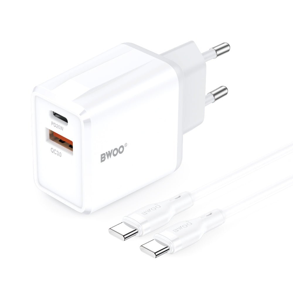 Network Charger with USB-C Cable BWOO CDA182, 38W, 3A, 1 x USB-A - 1 x USB-C, White