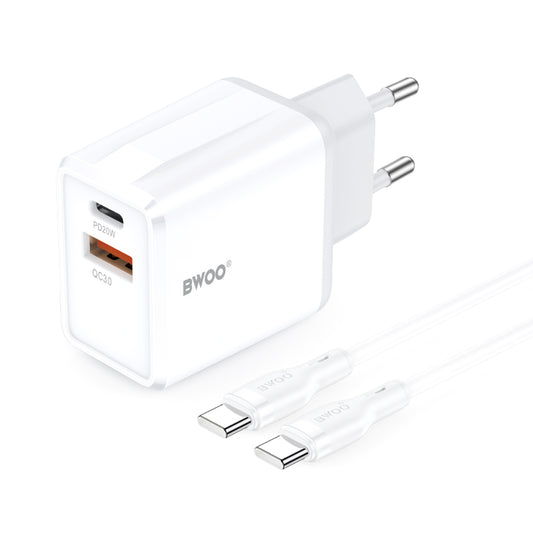 Chargeur réseau avec câble USB-C BWOO CDA182, 38W, 3A, 1 x USB-A - 1 x USB-C, Blanc