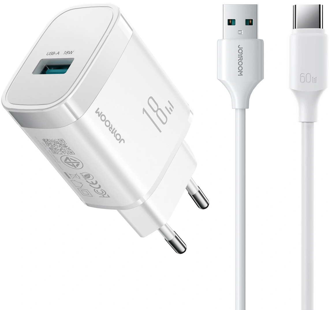 Netzteil mit USB-C-Kabel Joyroom JR-TF4, 18W, 3A, 1 x USB-A, Weiß