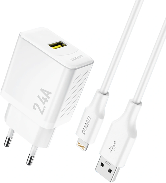 Dudao A23LEU Mains Charger with Lightning Cable, 12W, 2.4A, 1 x USB-A, White
