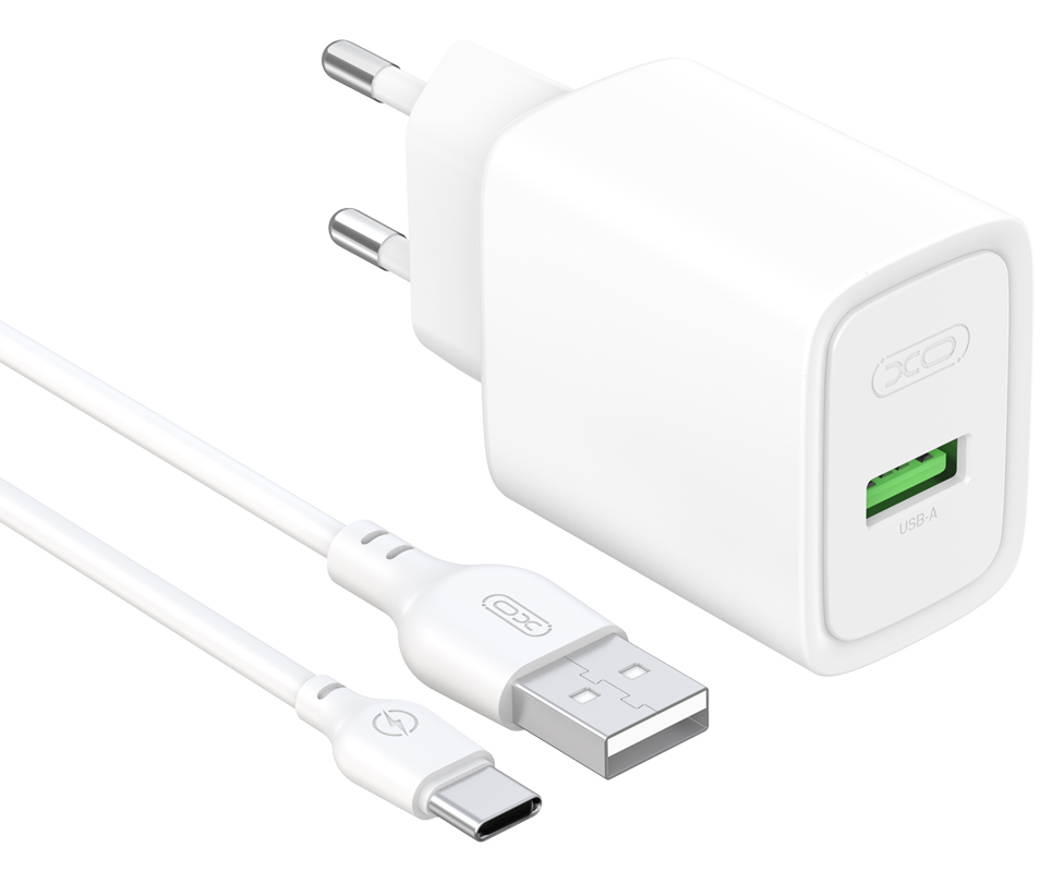 Chargeur secteur avec câble USB-C XO Design CE50, 18 W, 3 A, 1 port USB-A, blanc
