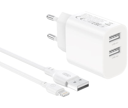 XO Design CE55 Netzladegerät mit Lightning-Kabel, 12 W, 2,4 A, 2 x USB-A, Weiß
