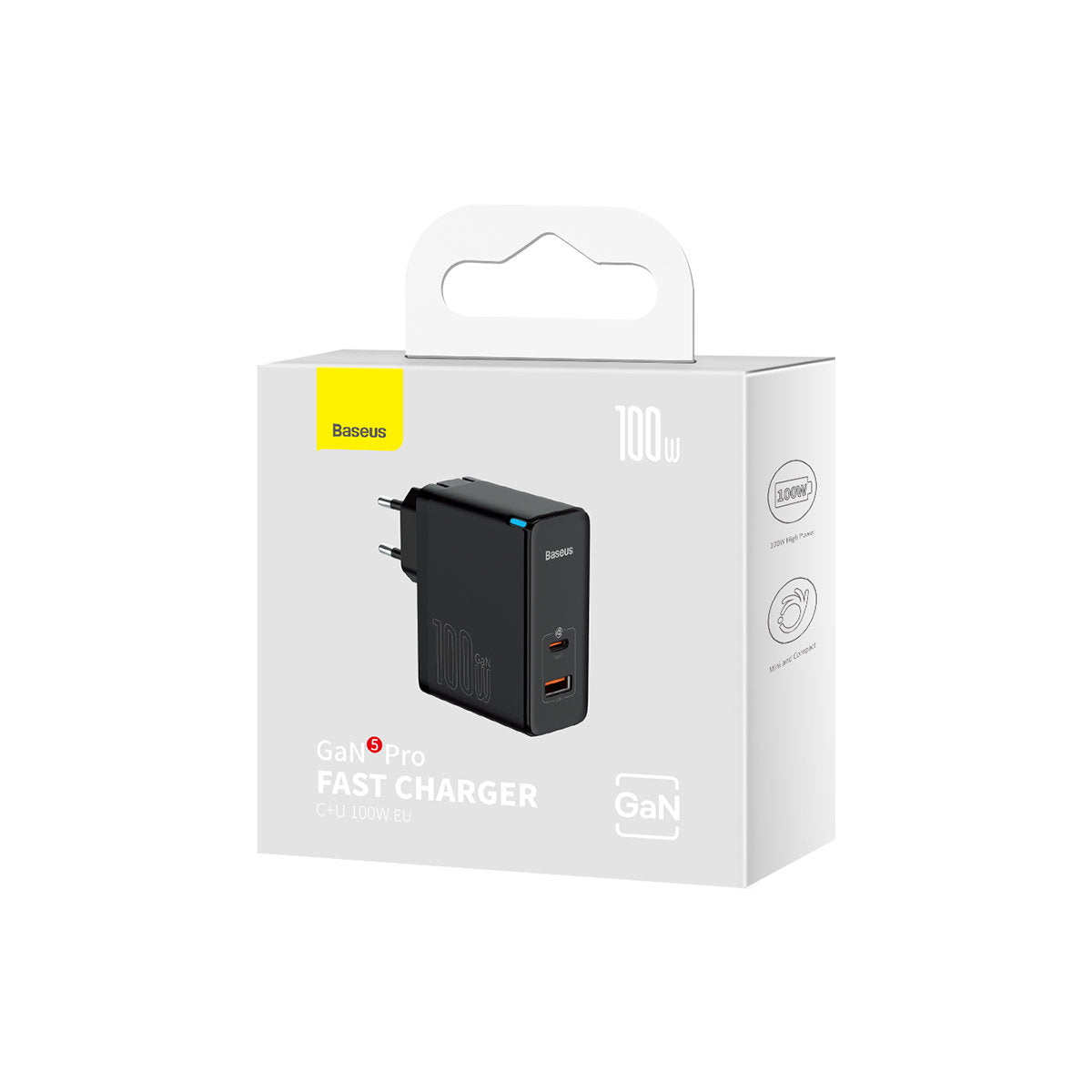 Chargeur Réseau avec Câble USB-C Baseus GaN5 Pro, 100W, 3A, 1 x USB-A - 1 x USB-C, Noir CCGP090201