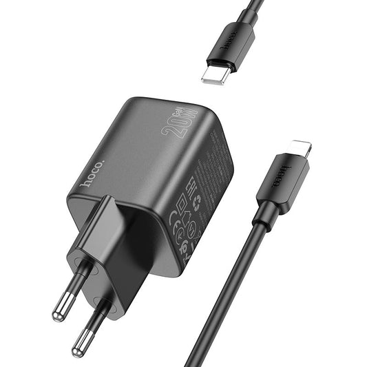 Chargeur réseau avec câble Lightning HOCO N41, 20W, 3A, 1 x USB-A - 1 x USB-C, Noir