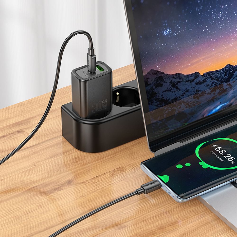 Netzladegerät mit USB-C Kabel HOCO N63, 30W, 3A, 1 x USB-A - 1 x USB-C, Schwarz