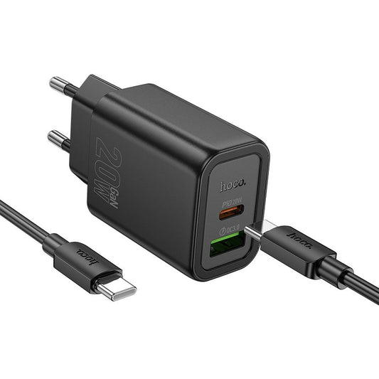 Chargeur réseau avec câble Lightning HOCO N61, 20W, 3A, 1 x USB-A - 1 x USB-C, Noir