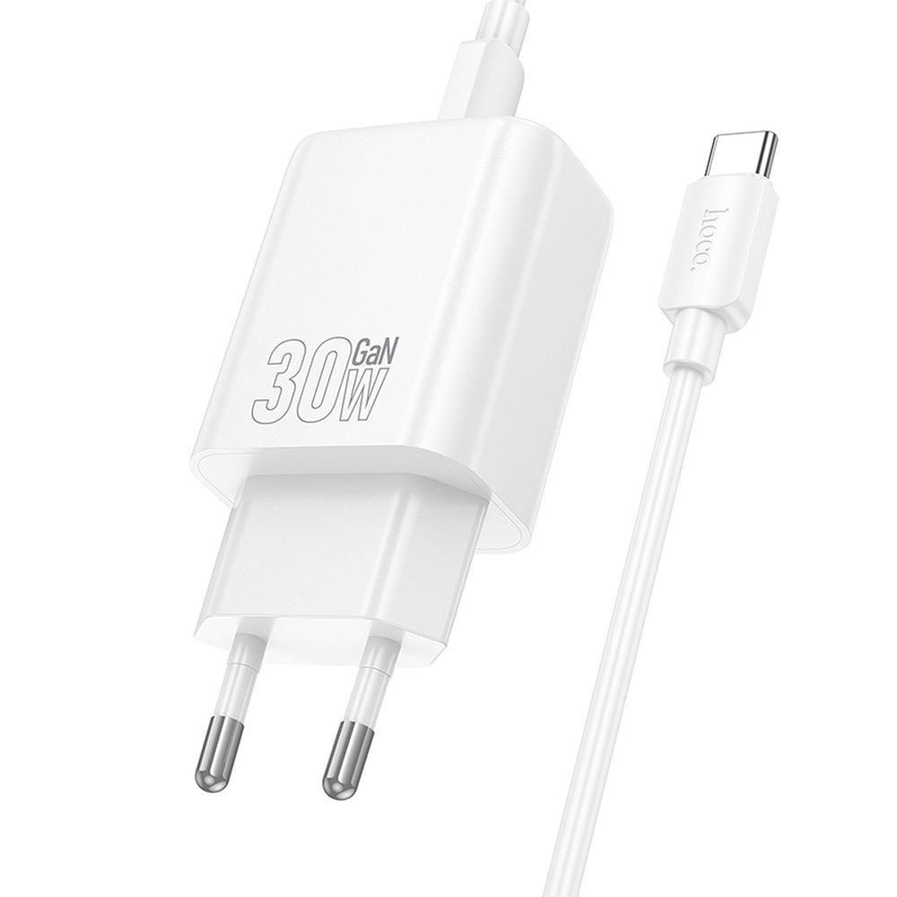 Chargeur réseau avec câble USB-C HOCO N62, 30W, 3A, 1 x USB-C, Blanc