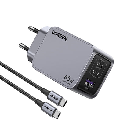 Chargeur réseau avec câble USB-C UGREEN X755 Nexode Pro, 65W, 3A, 1 x USB-A - 2 x USB-C, Gris