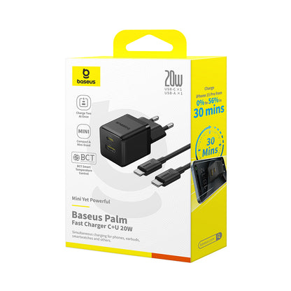Chargeur Réseau avec Câble USB-C Baseus Palm, 20W, 3A, 1 x USB-A - 1 x USB-C, Noir P10111608113-01