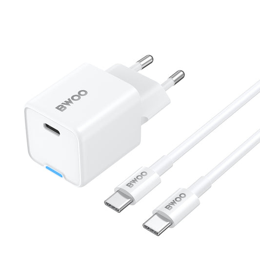 Chargeur réseau avec câble USB-C BWOO CDA211, 30W, 3A, 1 x USB-C, Blanc