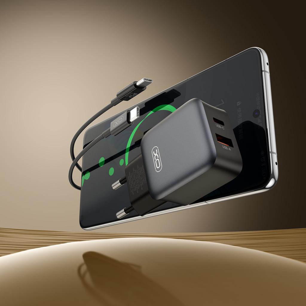 Network Charger with USB-C Cable XO Design L156, 30W, 3A, 1 x USB-A - 1 x USB-C, Black