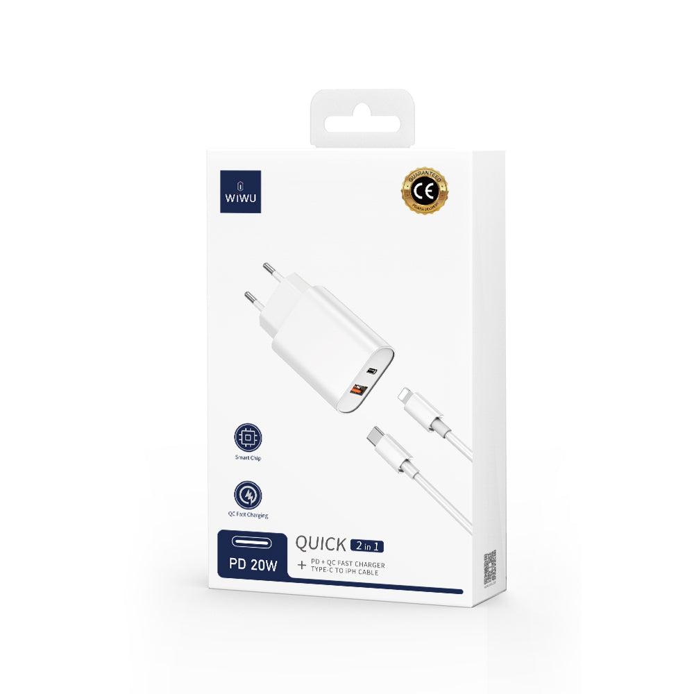 Chargeur réseau avec câble Lightning WiWu Wi-U002, 20W, 3A, 1 x USB-A - 1 x USB-C, Noir