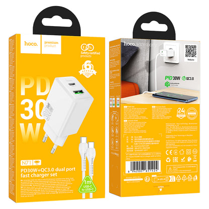 Chargeur réseau avec câble USB-C HOCO N71, 30W, 3A, 1 x USB-A - 1 x USB-C, Blanc