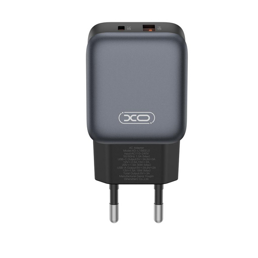 Netzladegerät mit Lightning-Kabel XO Design L156, 30W, 3A, 1 x USB-A - 1 x USB-C, Schwarz