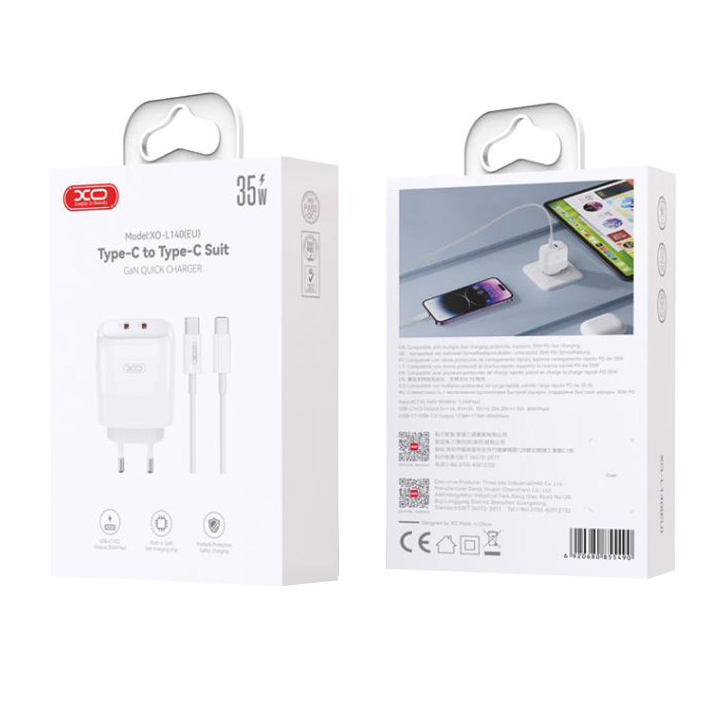 Chargeur réseau avec câble USB-C XO Design L140, 35W, 3A, 2 x USB-C, Blanc