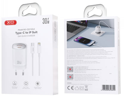 Netzladegerät mit Lightning-Kabel XO Design CE21, 30W, 3A, 1 x USB-A - 1 x USB-C, Weiß