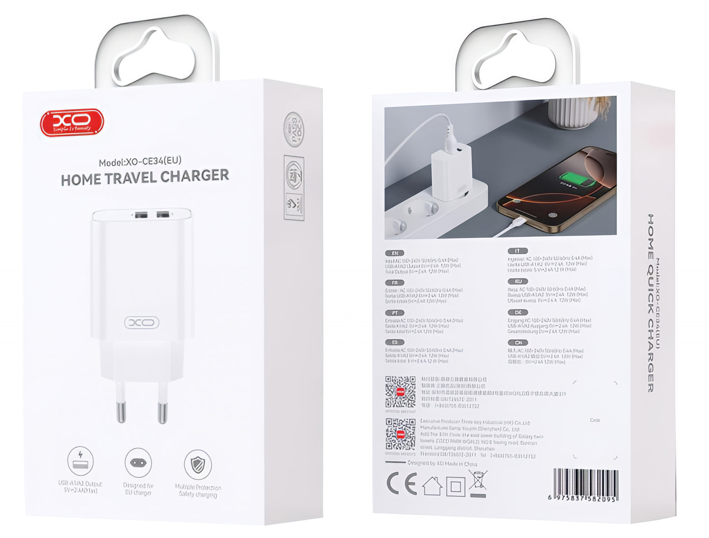 Chargeur réseau avec câble Lightning XO Design CE34, 12W, 2.4A, 2 x USB-A, Blanc
