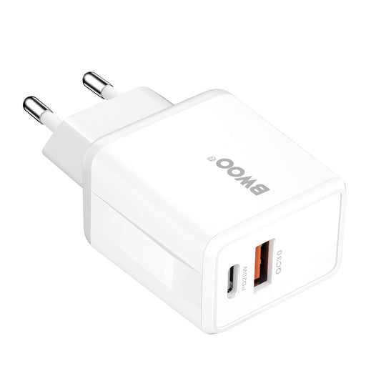 Chargeur réseau avec câble USB-C BWOO CDA182, 38W, 3A, 1 x USB-A - 1 x USB-C, Blanc