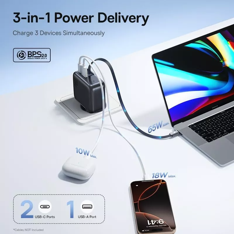 Netzladegerät mit USB-C Kabel Baseus EnerCore CJ11, 100W, 1 x USB-A - 2 x USB-C, Schwarz E0120M00