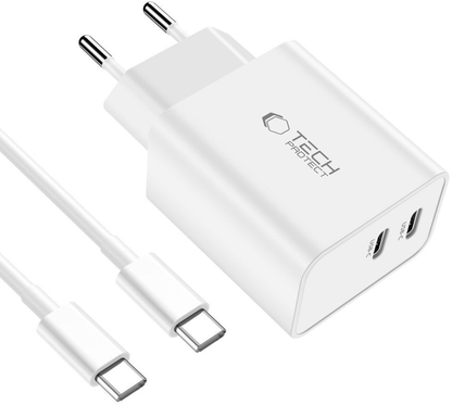 Chargeur secteur avec câble USB-C Tech-Protect C35W, 35W, 3A, 2 x USB-C, Blanc