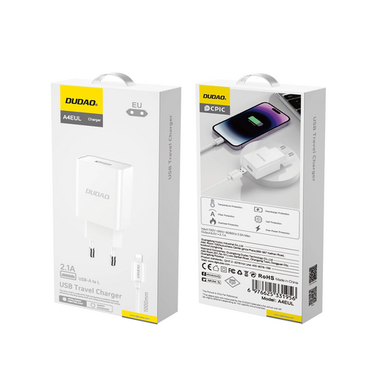 Chargeur réseau avec câble Lightning Dudao A4EU, 10W, 2.1A, 1 x USB-A, Blanc