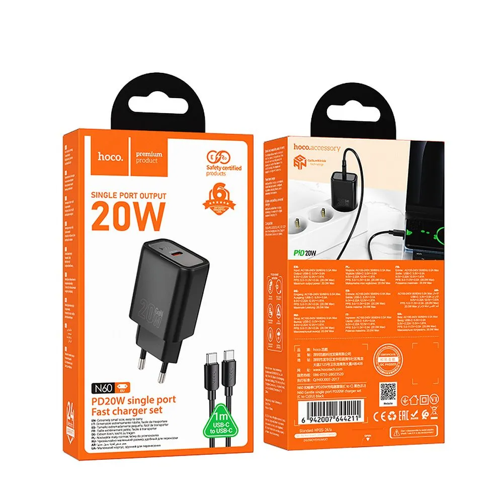 Chargeur réseau avec câble Lightning HOCO N60, 20W, 3A, 1 x USB-C, Noir