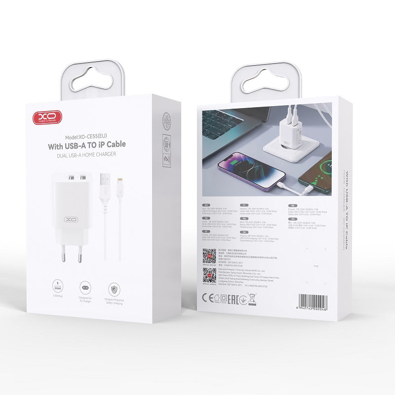 XO Design CE55 Netzladegerät mit Lightning-Kabel, 12 W, 2,4 A, 2 x USB-A, Weiß