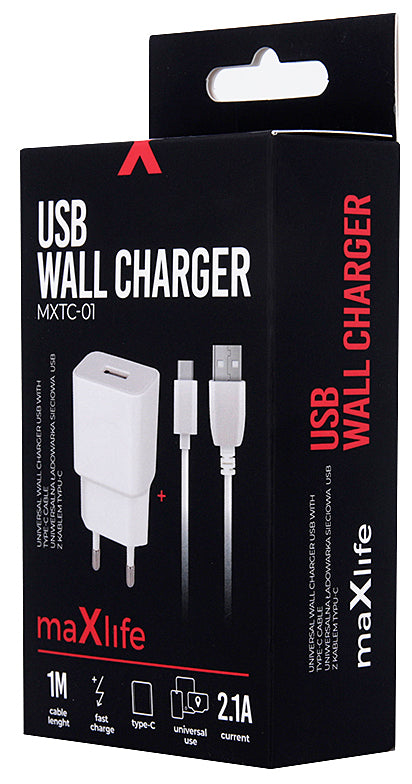 MaXlife MXTC-01 USB-C Cable Wall Charger, 10.5W, 2.1A, 1 x USB-A, White
